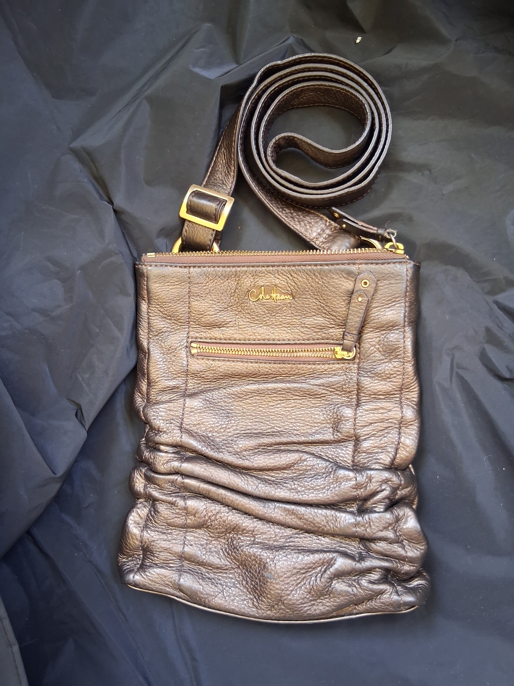 Cole Haan Dark Brown Pebbled Leather Crossbody with Gold Hardware